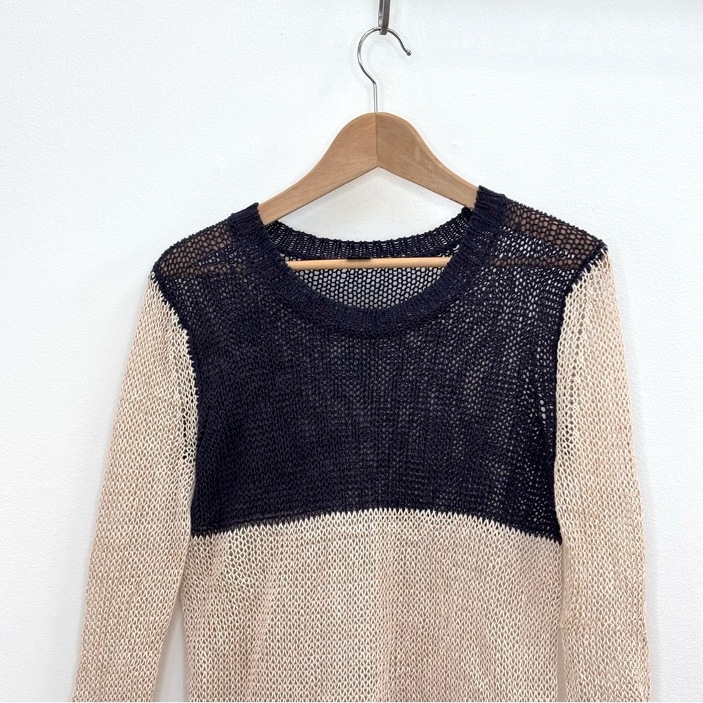 Theory Adoncia Dedalo Linen Open Knit Colorblock Sweater Navy Beige Size Small - Picture 2 of 10